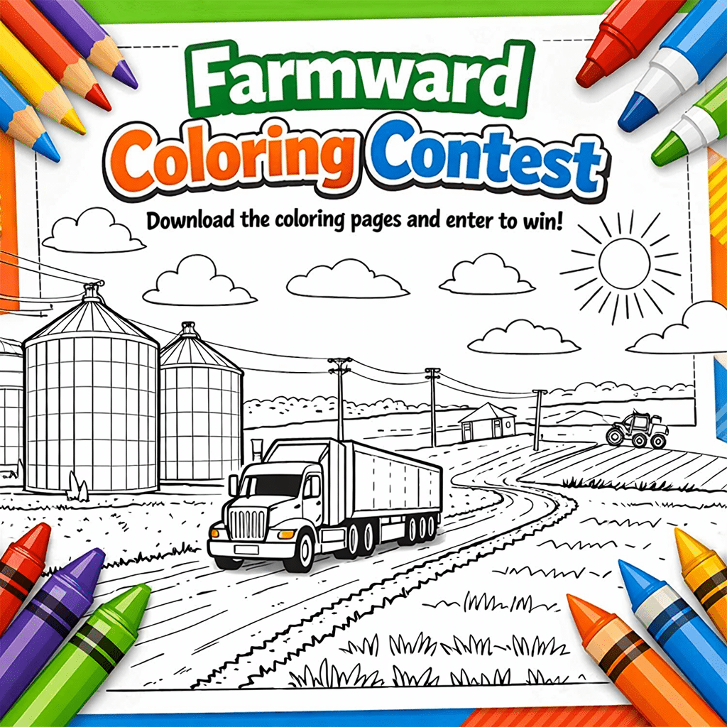 Farmward Coloring Contest coloring page featuring grain bins, a truck, farmland, and sun.