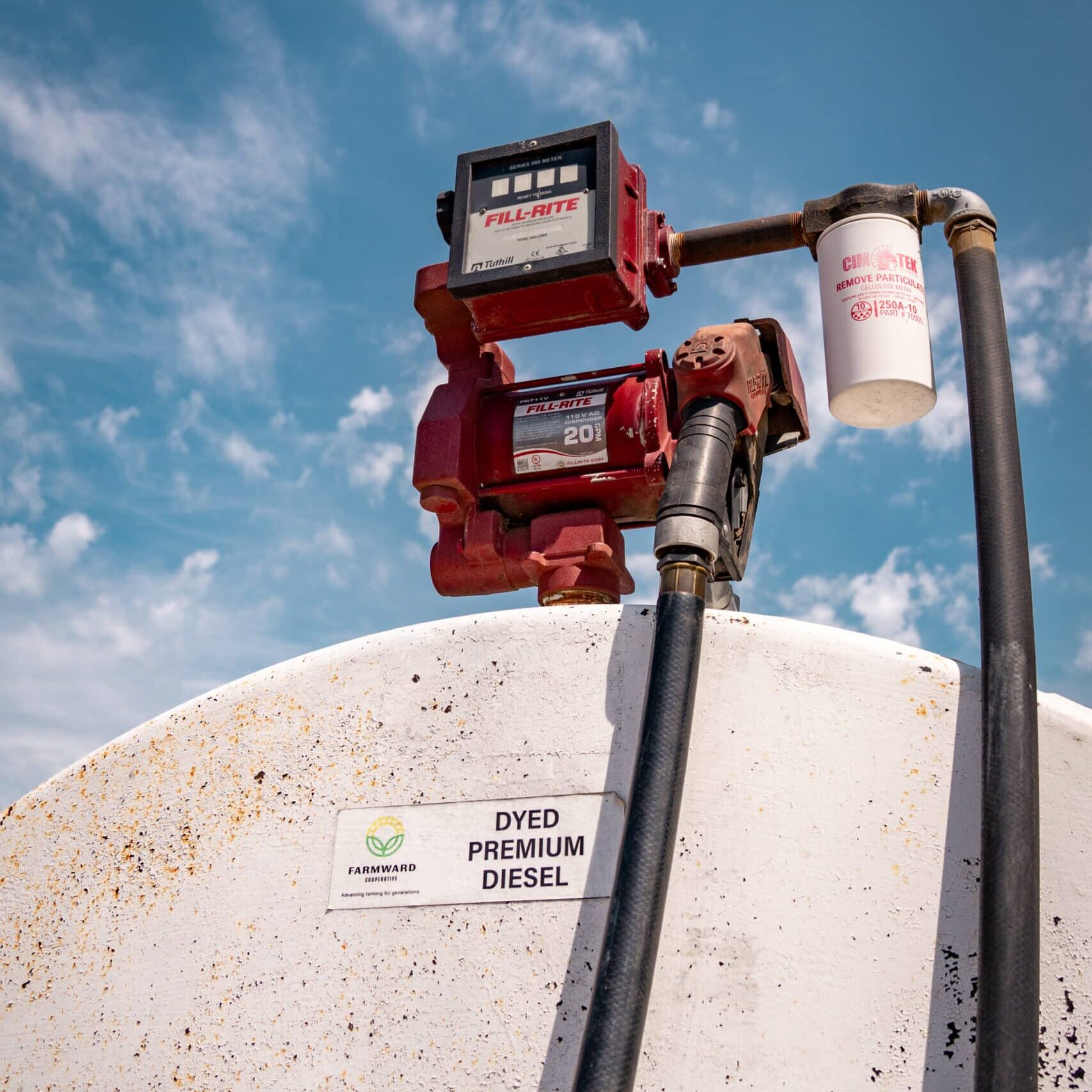 farmward fuel tank with blue sky